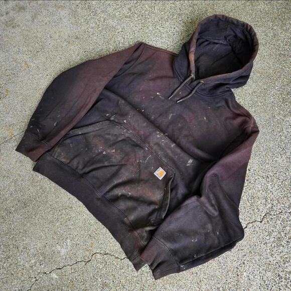 Vtg Y2k CARHARTT Box Logo Patch Earthtone Sunfaded Workwear Hooded Sweatshirt Lg - Picture 2 of 7